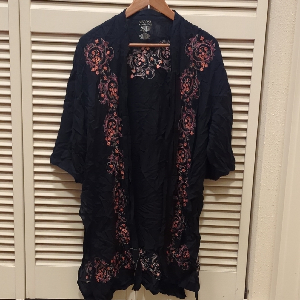 Black Floral Kimono with Pink Embroidery